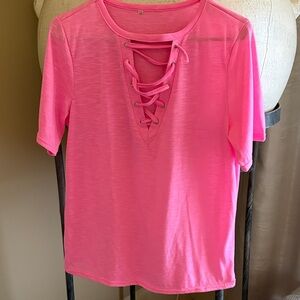 Vibrant Pink Lace-Up Short Sleeve Top
